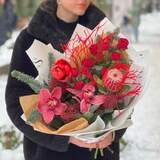 Photo of Red exotic bouquet with banksia and cymbidium «Winter coral»