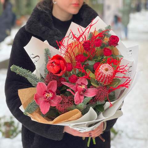 Red exotic bouquet with banksia and cymbidium «Winter coral», Flowers: Banksia, Cymbidium, Hippeastrum, Skimmia, Bush Rose, Nobilis