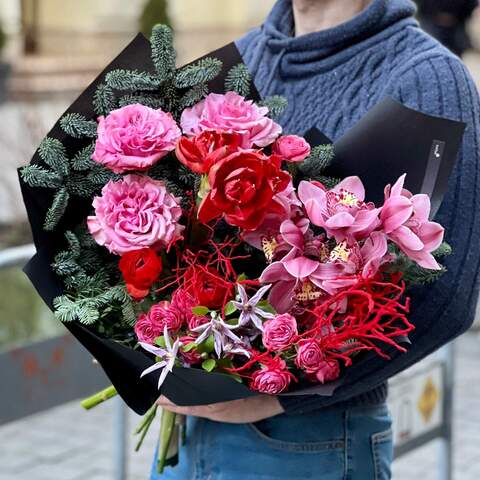 Bright bouquet with peony roses and amaryllis «Forest fairy tale», Flowers: Pion-shaped rose, Hippeastrum, Cymbidium, Nobilis, Clematis, Ranunculus, Bush Rose, Snowy twigs