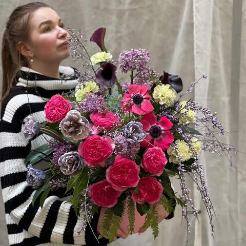 Exquisite composition of peony roses and magical anemones «Aphrodite's gardens», Flowers: Pion-shaped rose, Anemone, Tulip pion-shaped, Dianthus, Syringa, Genista, Ambrella, Skimmia
