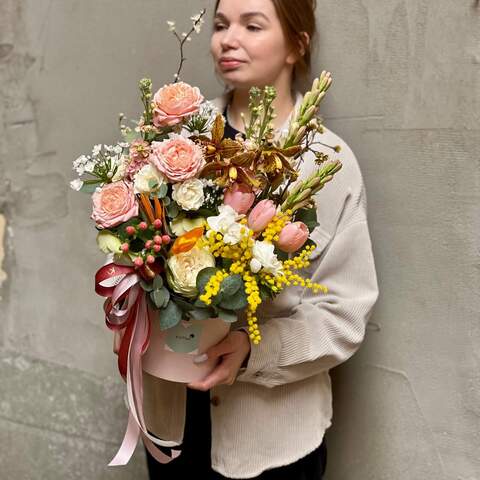 Photo of Colorful composition in a box with mimosa and peony roses «Kaleidoscope of Aromas»