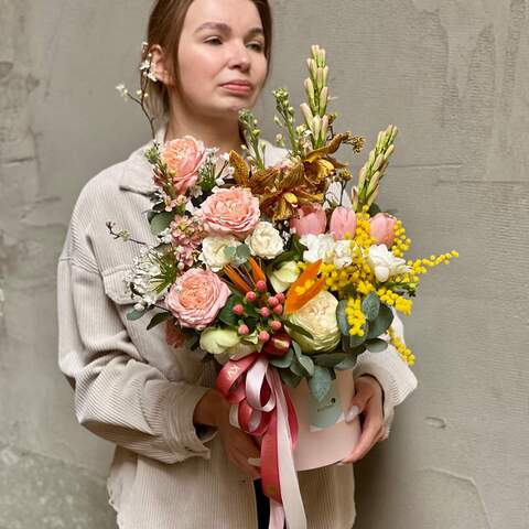 Photo of Colorful composition in a box with mimosa and peony roses «Kaleidoscope of Aromas»