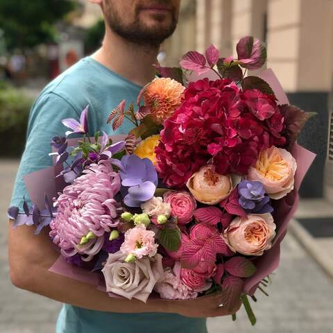 Colorful fluffy bouquet «August Tango», Flowers: Clematis, Eustoma, Hydrangea, Rubus Idaeus, Eucalyptus, Peony Spray Rose, Chrysanthemum, Dahlia, Astilbe, Rose, Pion-shaped rose