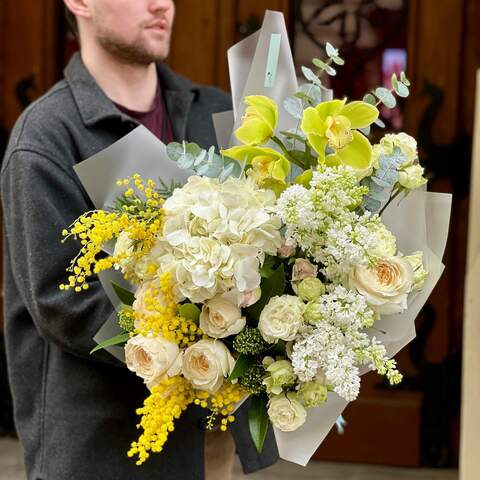 Fragrant bouquet with mimosa and cymbidiums «Scent of Love», Flowers: Hydrangea, Tulipa, Cymbidium, Mimosa, Eucalyptus, Peony Spray Rose, Pion-shaped rose, Skimmia, Syringa