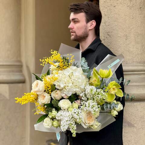 Photo of Fragrant bouquet with mimosa and cymbidiums «Scent of Love»