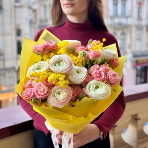 Photo of Fluffy spring bouquet with mimosa and ranunculus «Return to Sorrento»