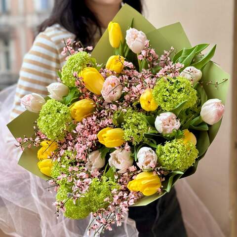 Charming bouquet with tulips and viburnum «Sweet dawn», Flowers: Tulipa, Viburnum, Genista
