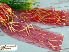 Лента-фатин с хаотичными полосами из пайеток красная 6 см