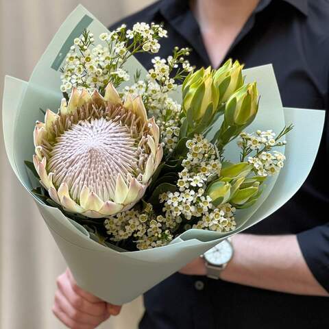 Light exotic bouquet with protea «Star of California», Flowers: Leucadendron, Chamelaucium, Protea