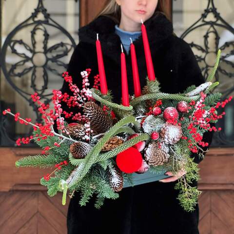 Christmas composition «Miracle at home», Flowers: Ilex, Nobilis, Araucaria, Fir, Cones, Decoration, Candles