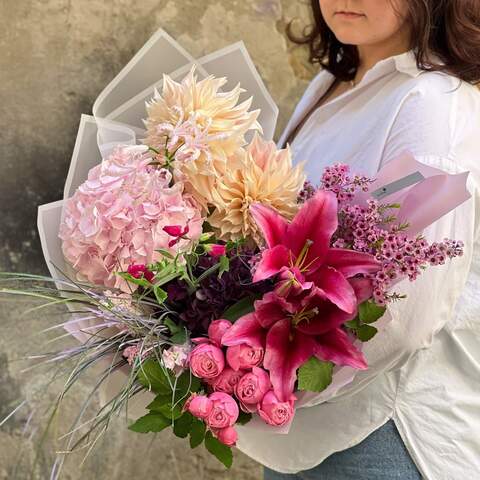 Bouquet «Sense of color», Flowers: Hydrangea, Lilium, Dahlia, Peony Spray Rose, Bergras, Chamelaucium, Matthiola, Lathyrus