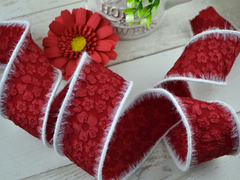 Стрічка текстильна Фактурні квіти з пухнастим краєм темно-червона