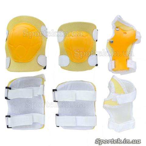 Защита желтого цвета на резинках с липучками для катания детей на велосипедах, роликах, скейтбордах