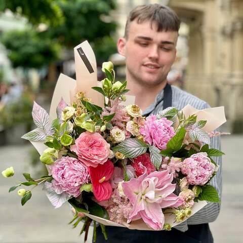 Interesting bouquet with peonies «Pink Lime», Flowers: Paeonia, Astilbe, Hydrangea, Lilium, Rubus Idaeus, Pion-shaped rose, Peony Spray Rose, Anthurium, Helleborus