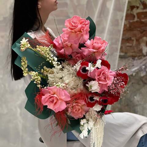 Bouquet «Only lovers left alive», Flowers: Rose, Anemone, Hydrangea, Genista, Lathyrus, Tuberosa, Stipa, Amaranthus