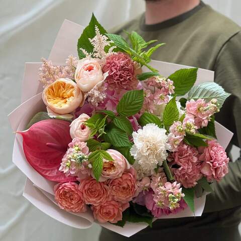 Bouquet «My sweetie!», Flowers: Pion-shaped rose, Anthurium, Dianthus, Matthiola, Hydrangea, Astilbe, Peony Spray Rose, Raspberry twigs