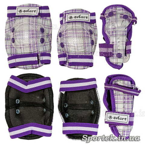 Бело-фиолетовая защита Zelard (Зелард) на резинках с липучками для катания детей на велосипедах, роликах, скейтбордах
