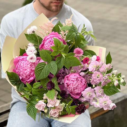 Bouquet «Pink Lagoon», Flowers: Paeonia, Delphinium, Astilbe, Bush Rose, Centaurea, Hydrangea, Raspberry twigs