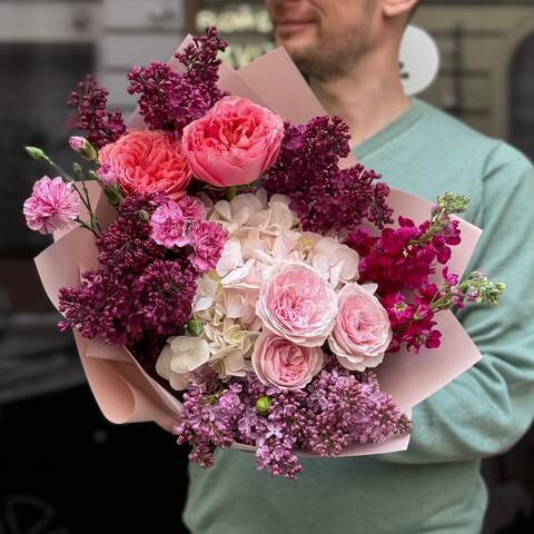 Fragrant bouquet with lilacs and exquisite roses «Purple Sky», Flowers: Matthiola, Hydrangea, Dianthus, Syringa, Pion-shaped rose
