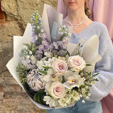 Bouquet «Silver tenderness», Flowers: Protea, Delphinium, Rose, Matthiola, Veronica, Alstroemeria, Pittosporum, Cymbidium, Chamelaucium