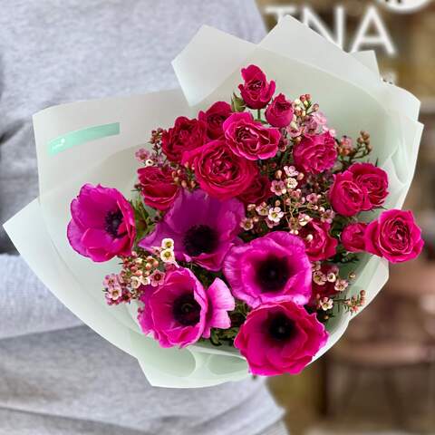 Bright bouquet with anemones and spray peony roses «Raspberry feelings», Flowers: Anemone, Peony Spray Rose, Chamelaucium