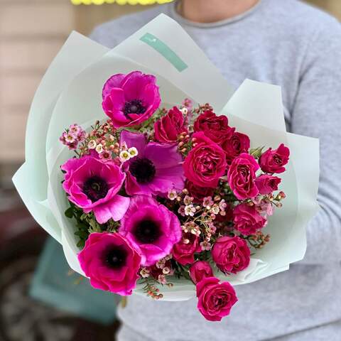 Photo of Bright bouquet with anemones and spray peony roses «Raspberry feelings»