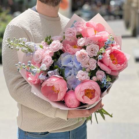 Fantastic bouquet with peonies «Queen of twilight», Flowers: Paeonia, Hydrangea, Delphinium, Oxypetalum, Bush Rose