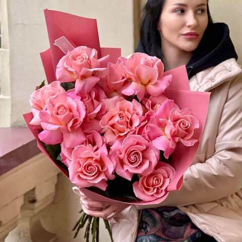 13 pink Hermosa roses in a bouquet «Pink cloud», Flowers: Rose, 13 pcs.
