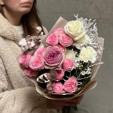 Photo of Delicate bouquet with peony roses «Snow-covered Beauty»