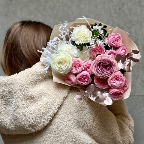 Photo of Delicate bouquet with peony roses «Snow-covered Beauty»