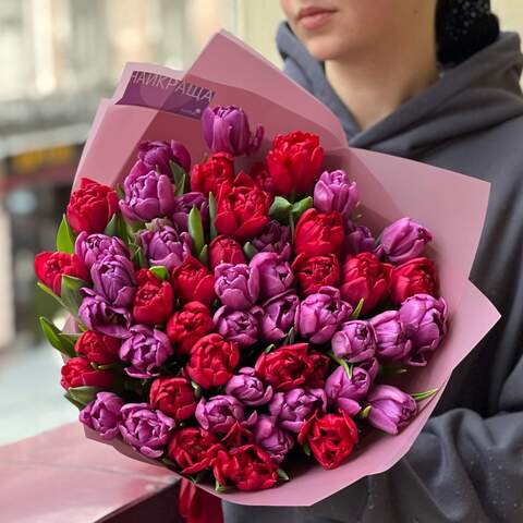 Яркий микс из пионовидных тюльпанов «Страстное свидание», Цветы: Тюльпан пионовидный, 51 шт.
