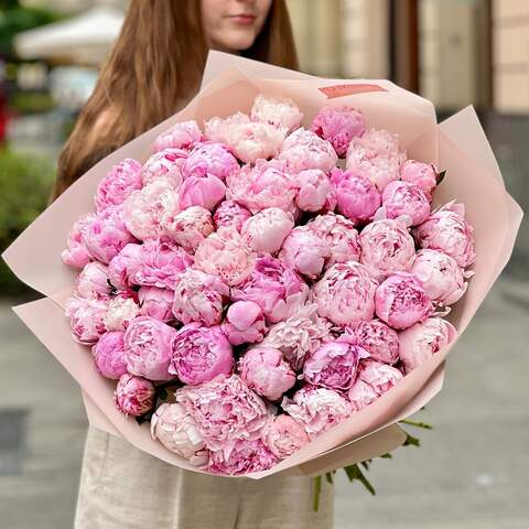 Luxurious bouquet of 55 pink peonies «Delicate Pearls», Flowers: Paeonia, 55 pcs.