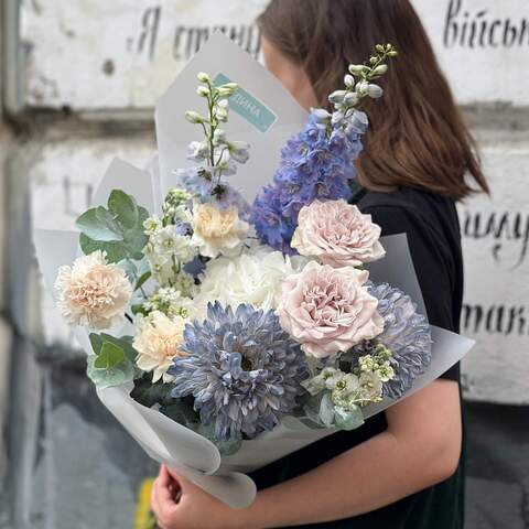 Bouquet «Silver pollen», Flowers: Pion-shaped rose, Delphinium, Chrysanthemum, Hydrangea, Dianthus, Matthiola, Eucalyptus