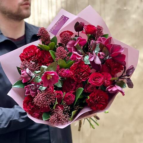 Red bouquet of spray roses and helleborus «Night of Love», Flowers: Helleborus, Bush Rose, Skimmia, Dianthus
