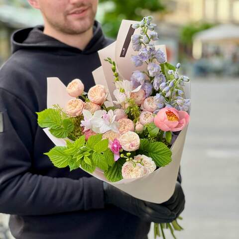 Delicate bouquet with spray peony roses «Spring mood», Flowers: Paeonia, Freesia, Delphinium, Rubus Idaeus, Peony Spray Rose