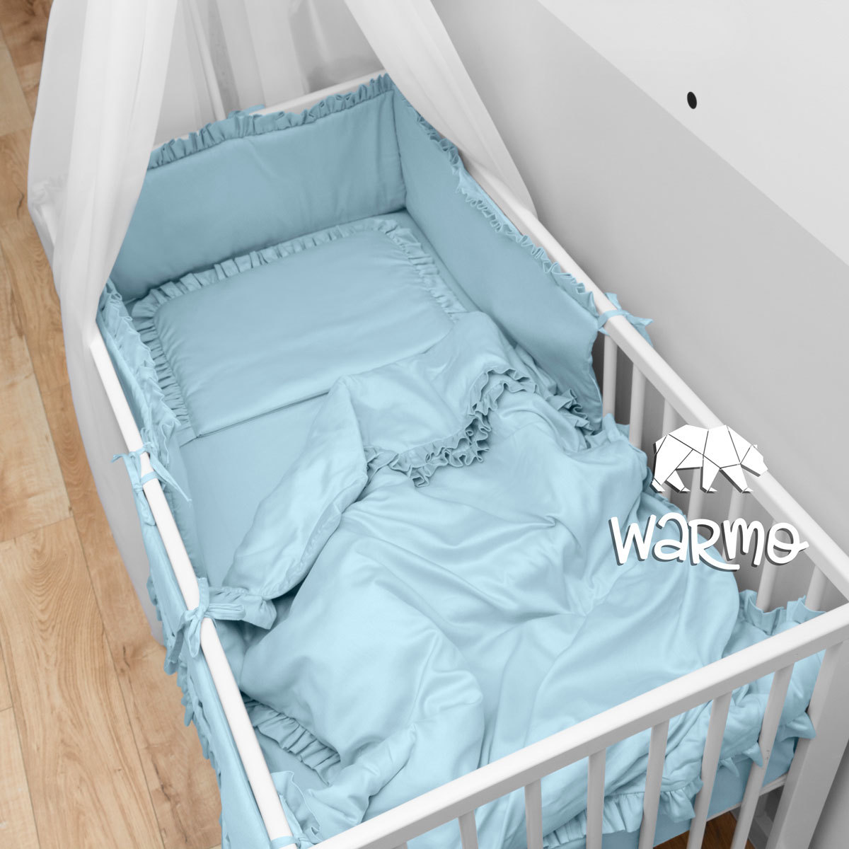Комплект в дитяче ліжечко з 8 предметів з балдахіном Warmo™ ГОЛУБИЙ