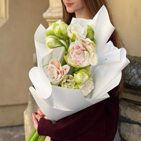 5 white amaryllis in a bouquet «Gentle Star», Flowers: Hippeastrum