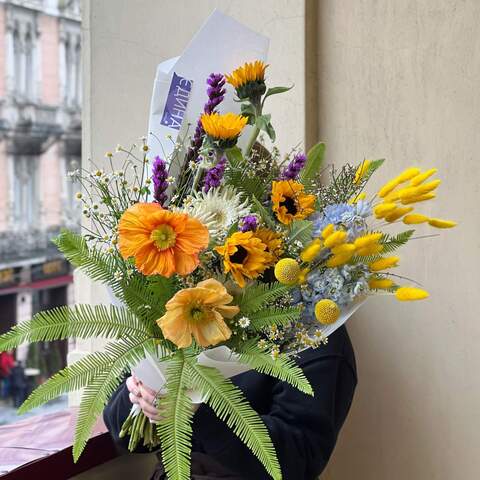 Bouquet «Morning sweets», Flowers: Helianthus, Papaverum, Craspedia, Lagurus, Tanacetum, Ambrella, Delphinium