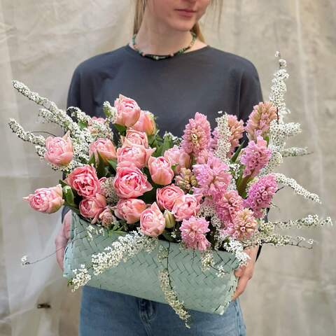 Flower basket «Barbie's dreams», Flowers: Tulip pion-shaped, Hyacinthus, Spiraea