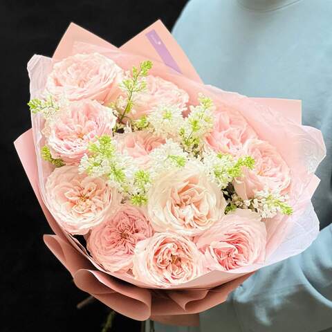 Bouquet «Romantic gift», Flowers: Pion-shaped rose, Syringa
