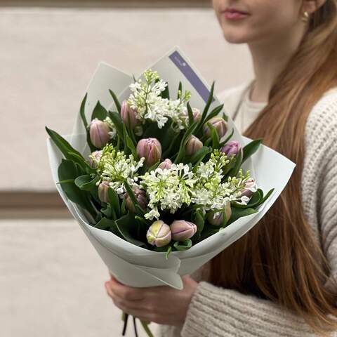 Photo of Katinka peony shaped tulips and lilac in a bouquet «Fragrant Miracle»