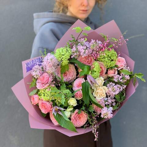 Bouquet «Love in the Flower Garden», Flowers: Pion-shaped rose, Viburnum, Clematis, Genista, Bush Rose