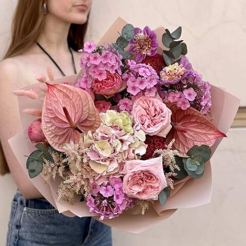 Bouquet «Sensual Flamenco», Flowers: Anthurium, Hydrangea, Pion-shaped rose, Phlox, Celosia, Astilbe, Eucalyptus, Dahlia, Lagurus