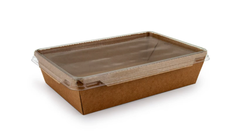 Бумажный контейнер прямоугольный крафт + крышка плоская прозрачная PET (135х85х40 мм, 500 мл)