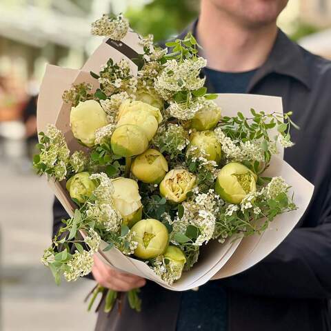 Light bouquet with peonies «Lemon freshness», Flowers: Spiraea, Paeonia
