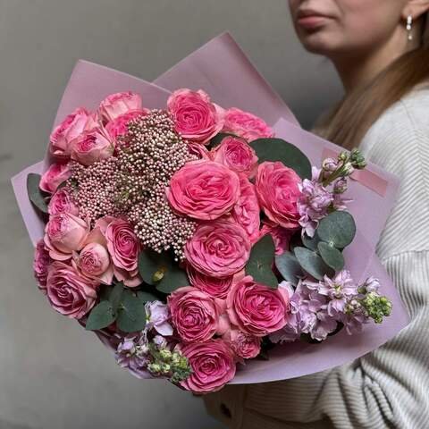 Bouquet with pink bush roses «Raspberry Marmalade», Flowers: Ozothamnus, Peony Spray Rose, Matthiola, Eucalyptus