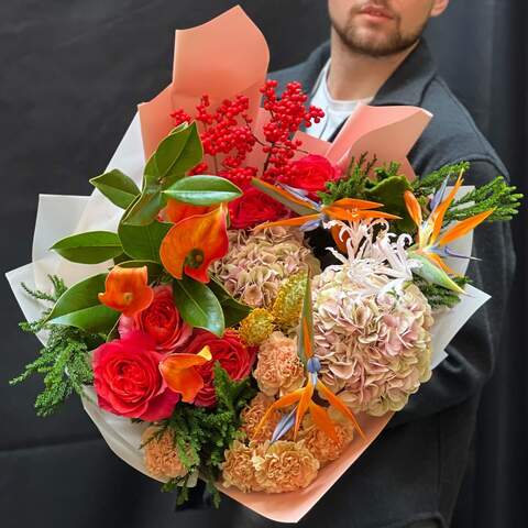 Bouquet «Incendiary Sagittarius», Flowers: Zantedeschia, Magnolia, Hydrangea, Strelitzia, Pion-shaped rose, Nerine, Grevillea, Dianthus, Ilex
