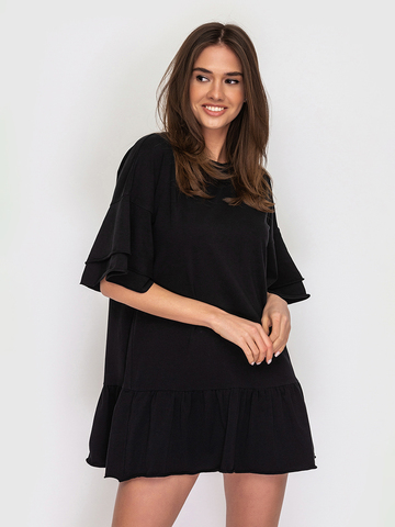 Сукня-футболка бавовняна чорна з воланами 