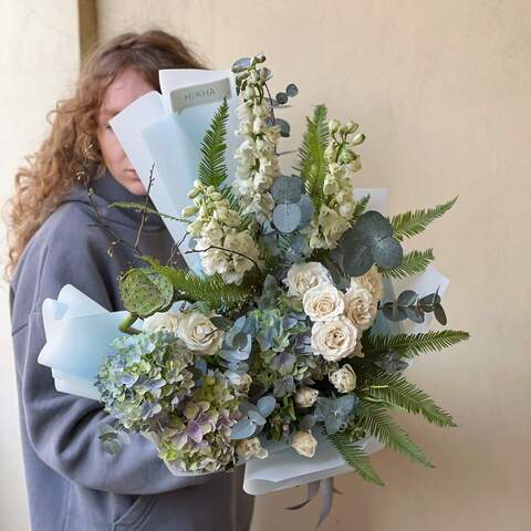 Bouquet «Sky», Flowers: Hydrangea, Ambrella, Nelumbo, Rose, Delphinium, Eucalyptus