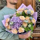 Photo of Lilac-peach colored bouquet with spray peony roses «Peach Provence»